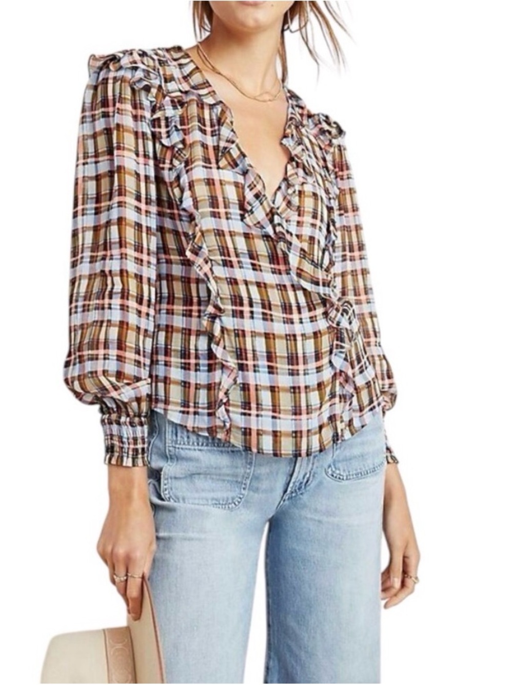 Anthropologie Plaid Ruffle V-Neck Blouse in Brown, Cream & Blue size 4